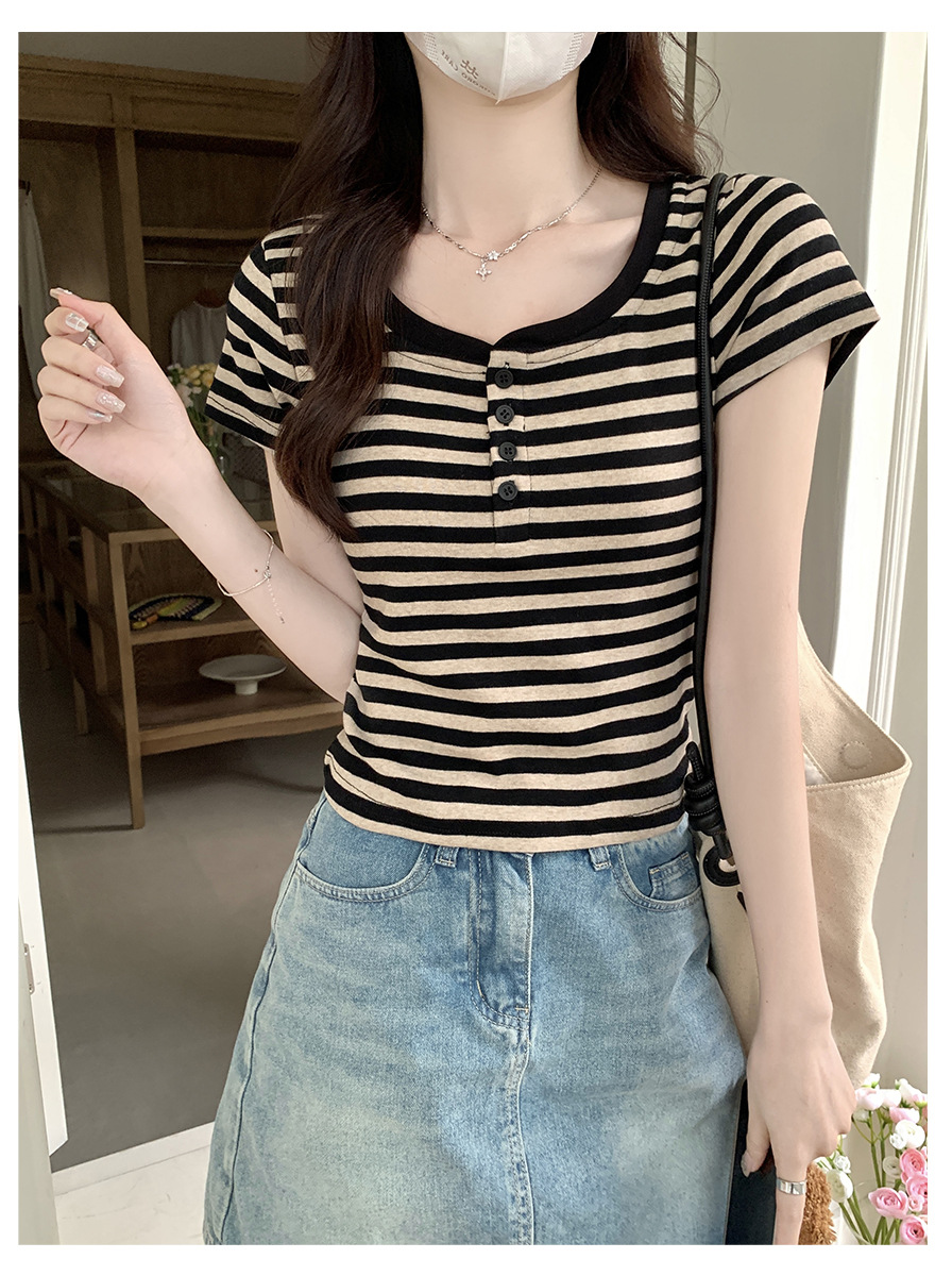 Vintage Striped Contrast Color Shoulder T-Shirt for Women