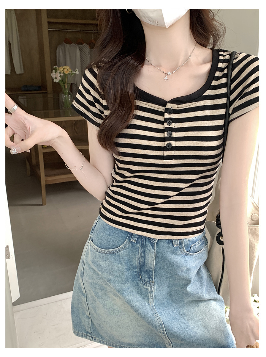 Vintage Striped Contrast Color Shoulder T-Shirt for Women