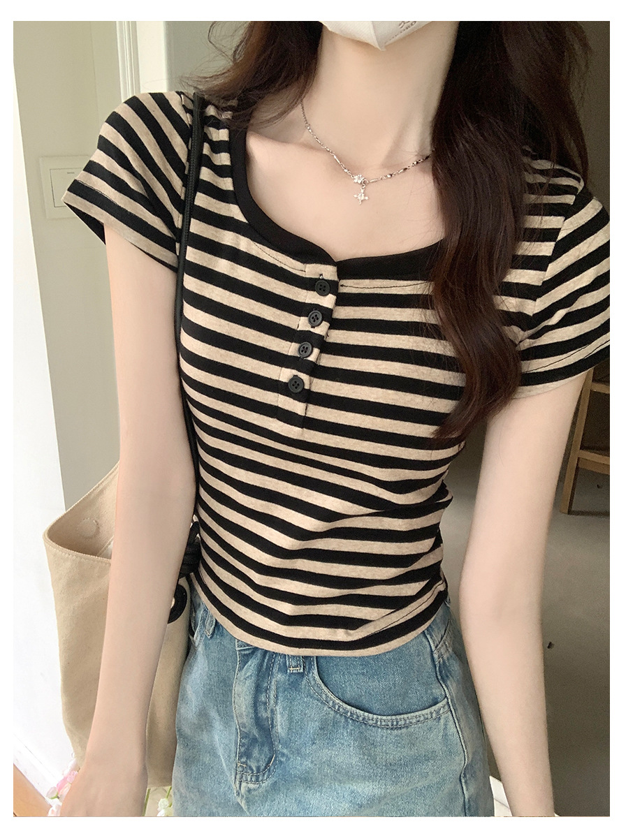 Vintage Striped Contrast Color Shoulder T-Shirt for Women