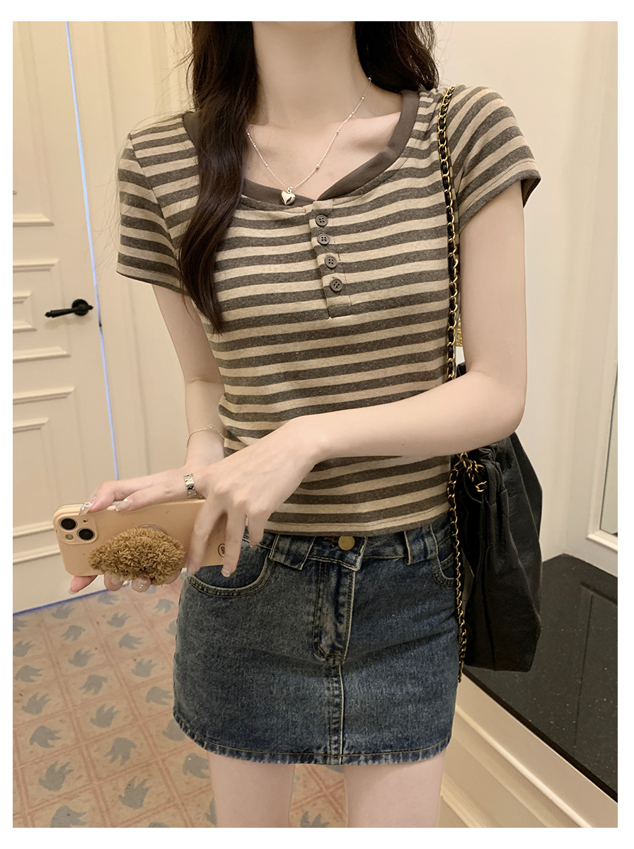 Vintage Striped Contrast Color Shoulder T-Shirt for Women