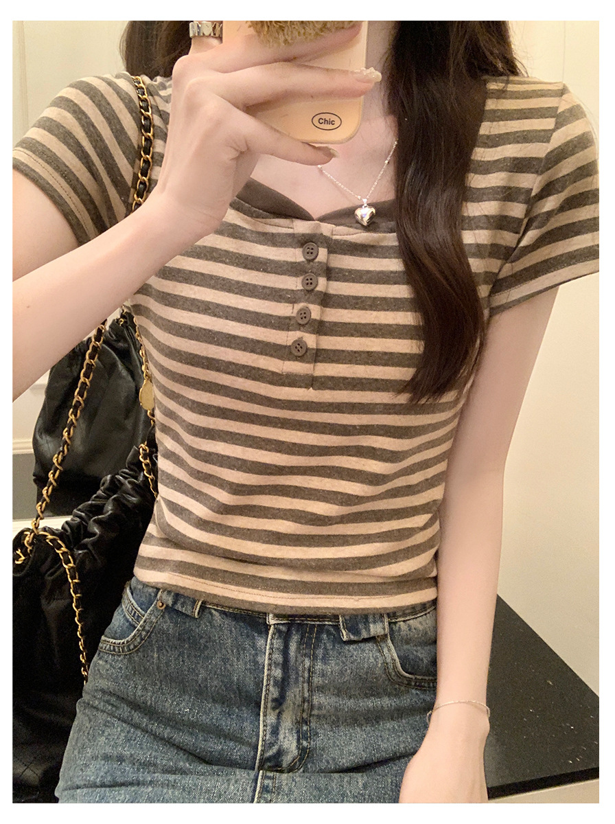 Vintage Striped Contrast Color Shoulder T-Shirt for Women