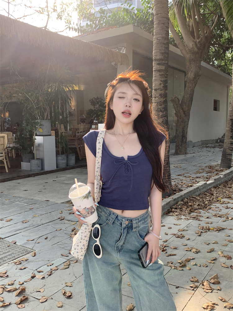 Alluring Drawstring U-Neck Short T-Shirt for Women's Summer 2024