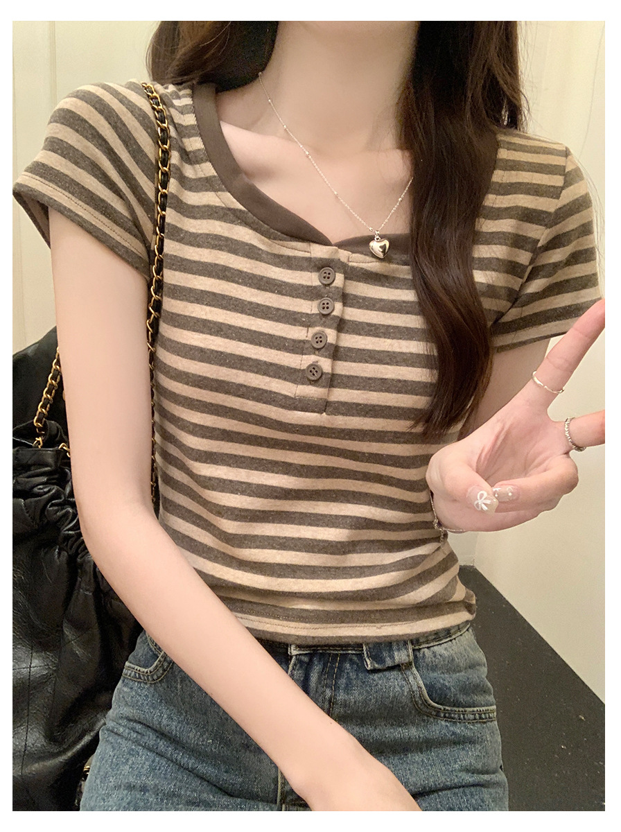 Vintage Striped Contrast Color Shoulder T-Shirt for Women