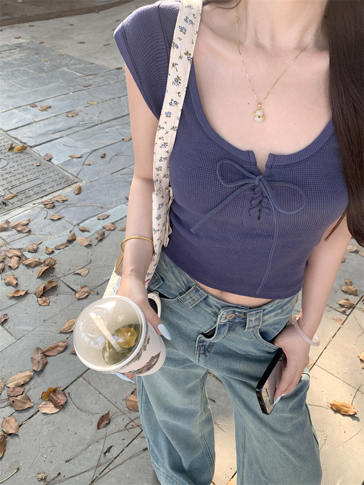 Alluring Drawstring U-Neck Short T-Shirt for Women's Summer 2024