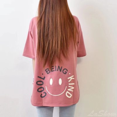 East Gate Plus Size Women's Summer 2024 New Loose Round Neck Short Sleeve T-Shirt with Embroidered Smile and Curved Hem