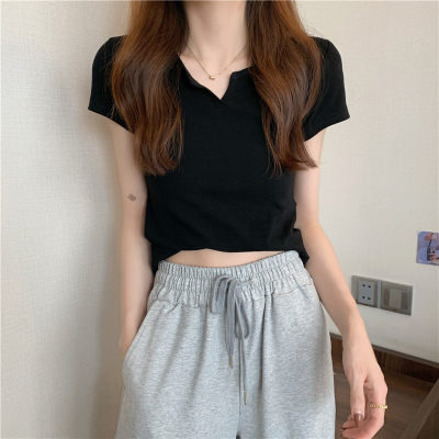 V-Neck Short Sleeve Slim Fit Crop T-Shirt