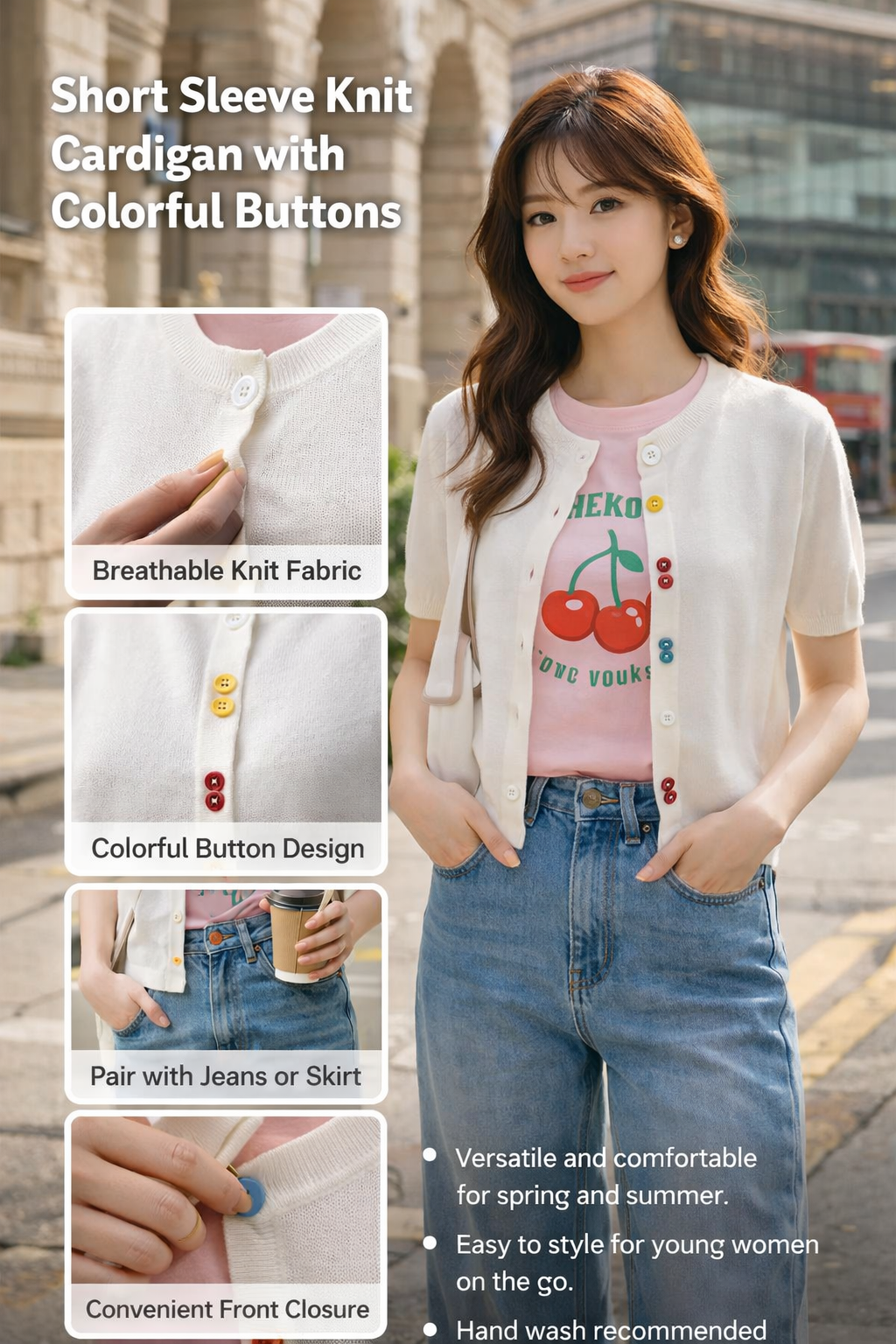 Short Sleeve Colorful Button Knit Cardigan