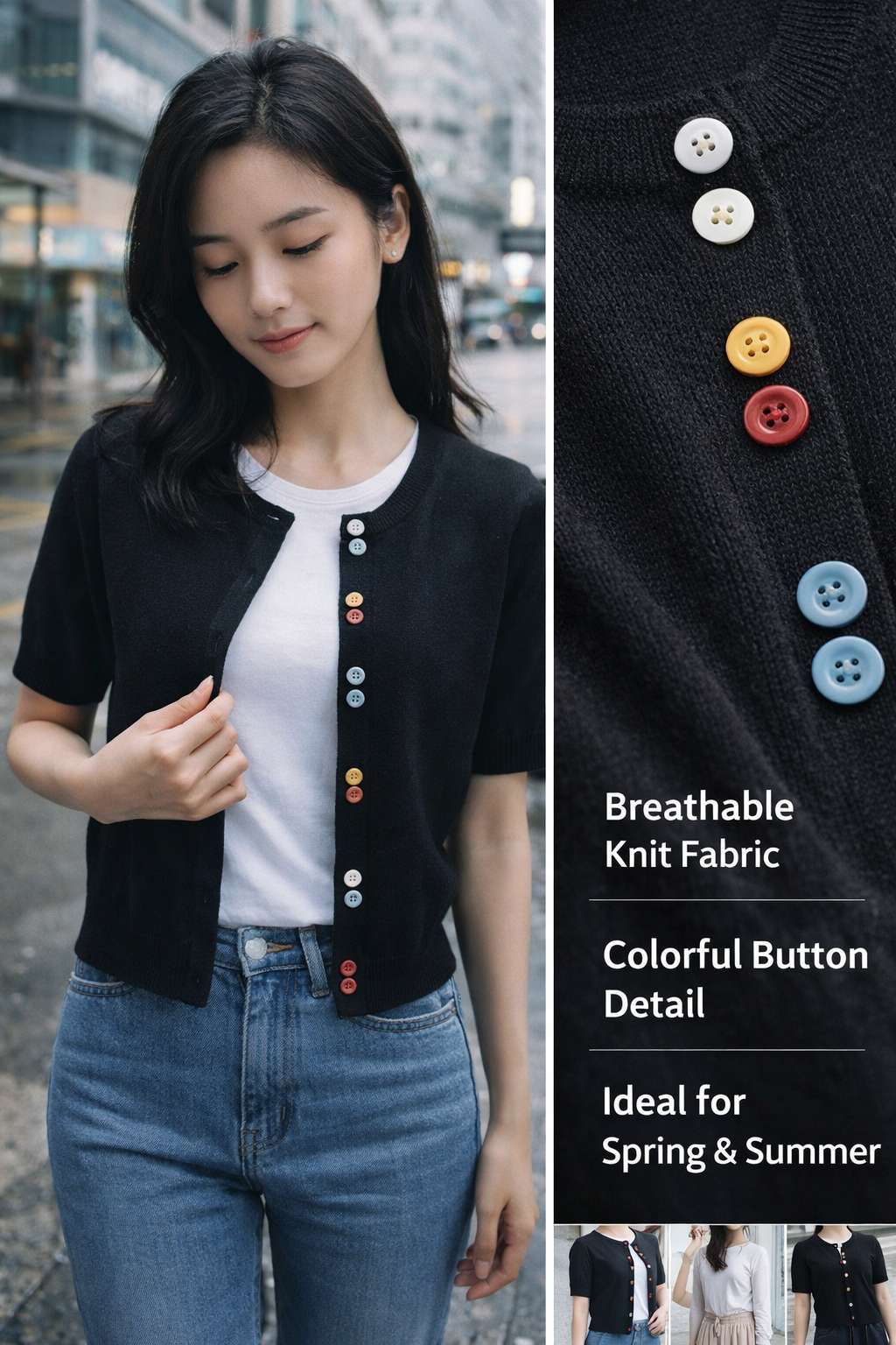 Short Sleeve Colorful Button Knit Cardigan