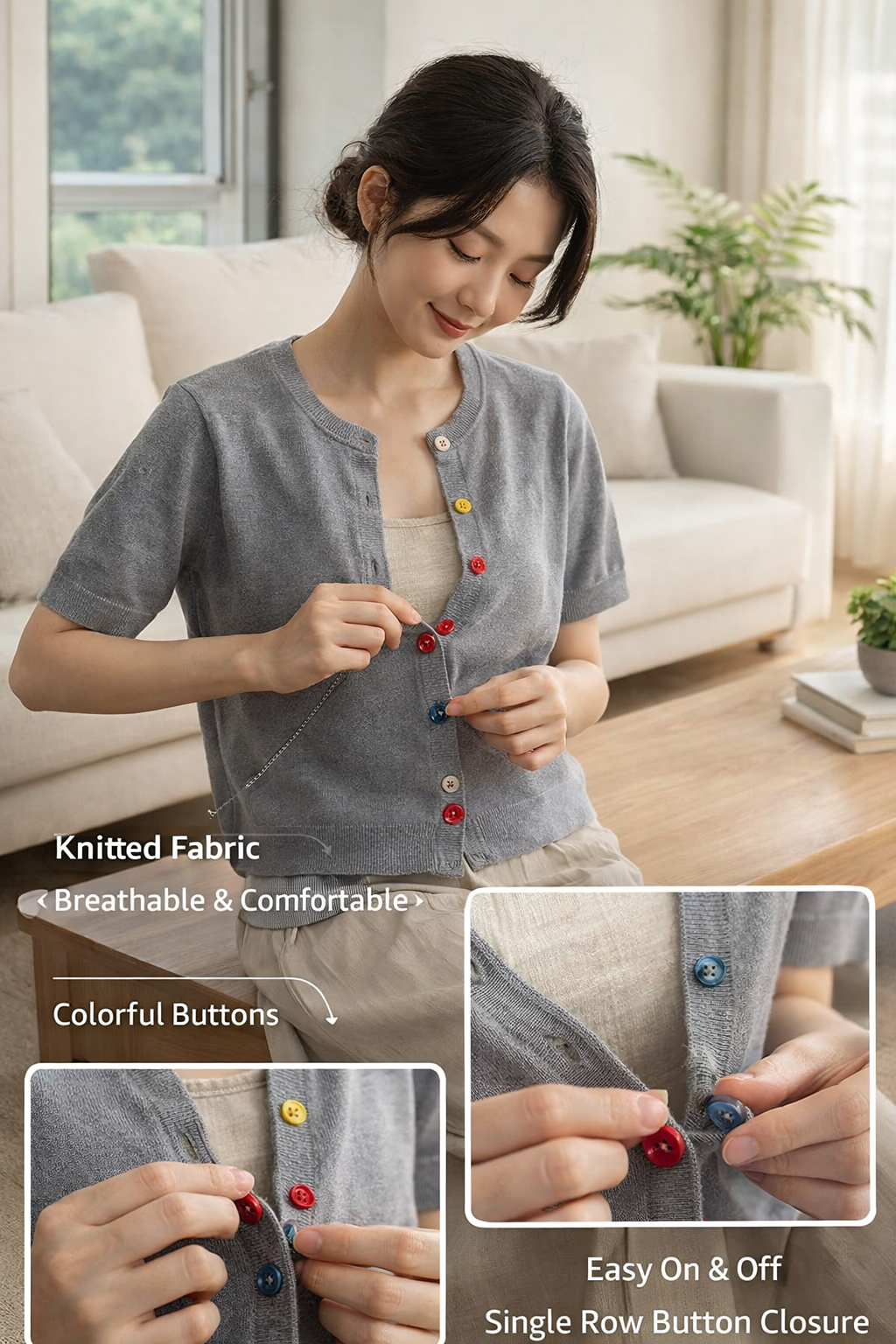 Short Sleeve Colorful Button Knit Cardigan