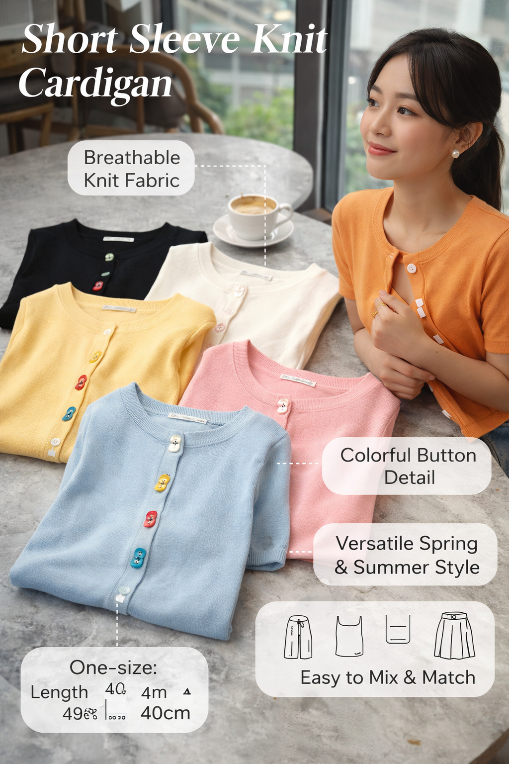 Short Sleeve Colorful Button Knit Cardigan