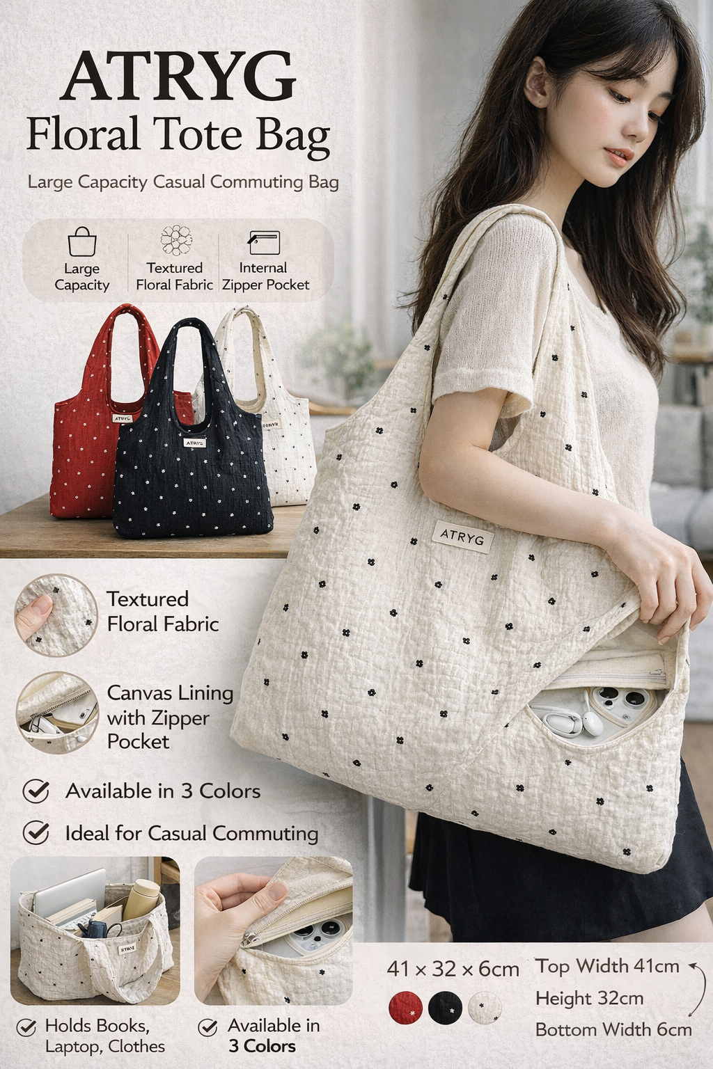 ATRYG Floral Large Capacity Tote Bag