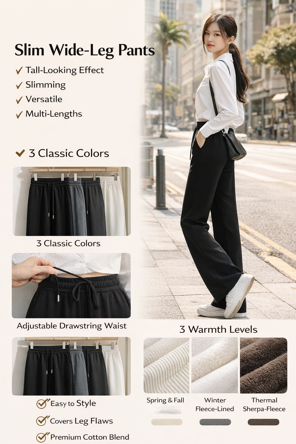 Women's Slim Wide-Leg Cotton Blend Pants
