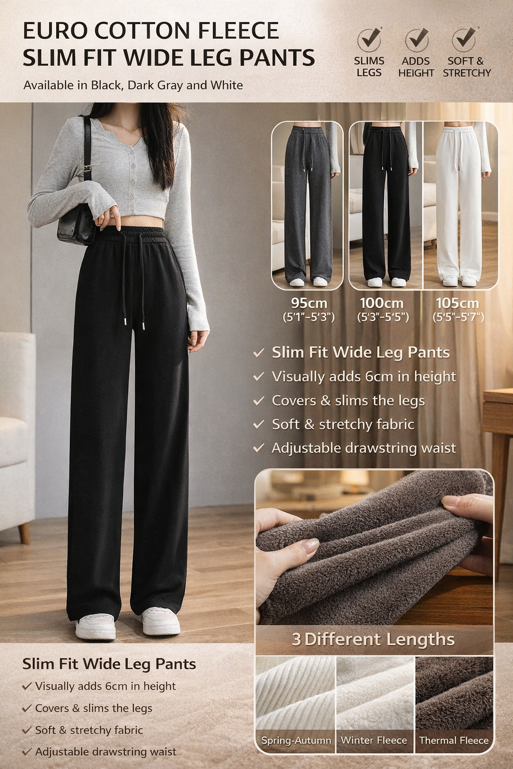 Women's Slim Wide-Leg Cotton Blend Pants