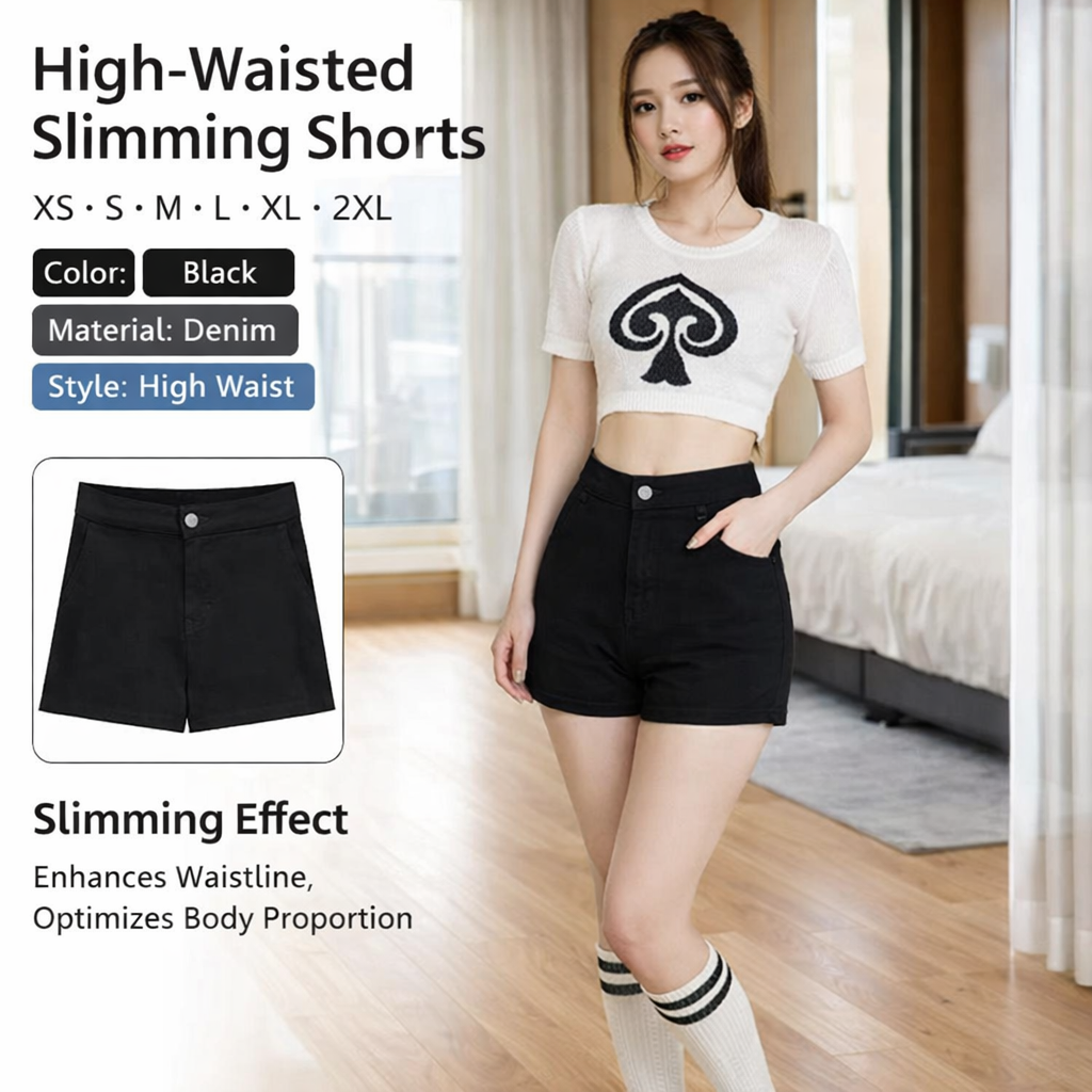 Women's High Waist Slim Black Denim Shorts