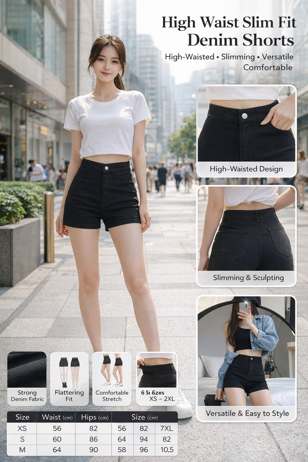 Women's High Waist Slim Black Denim Shorts