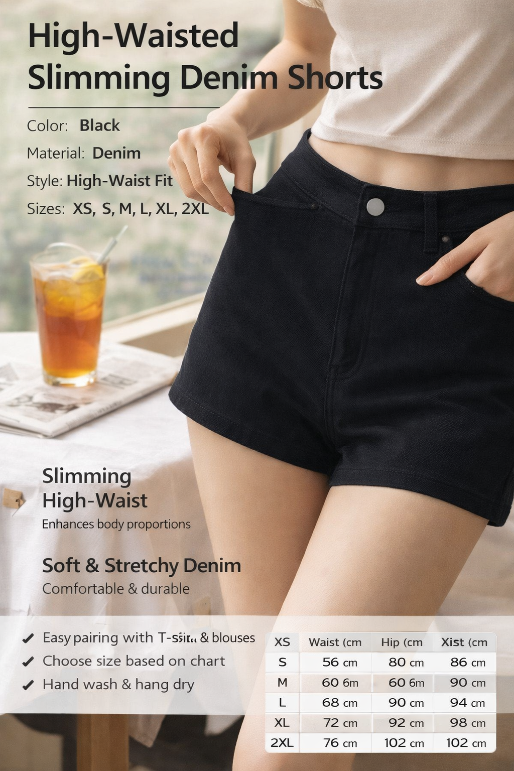 Women's High Waist Slim Black Denim Shorts