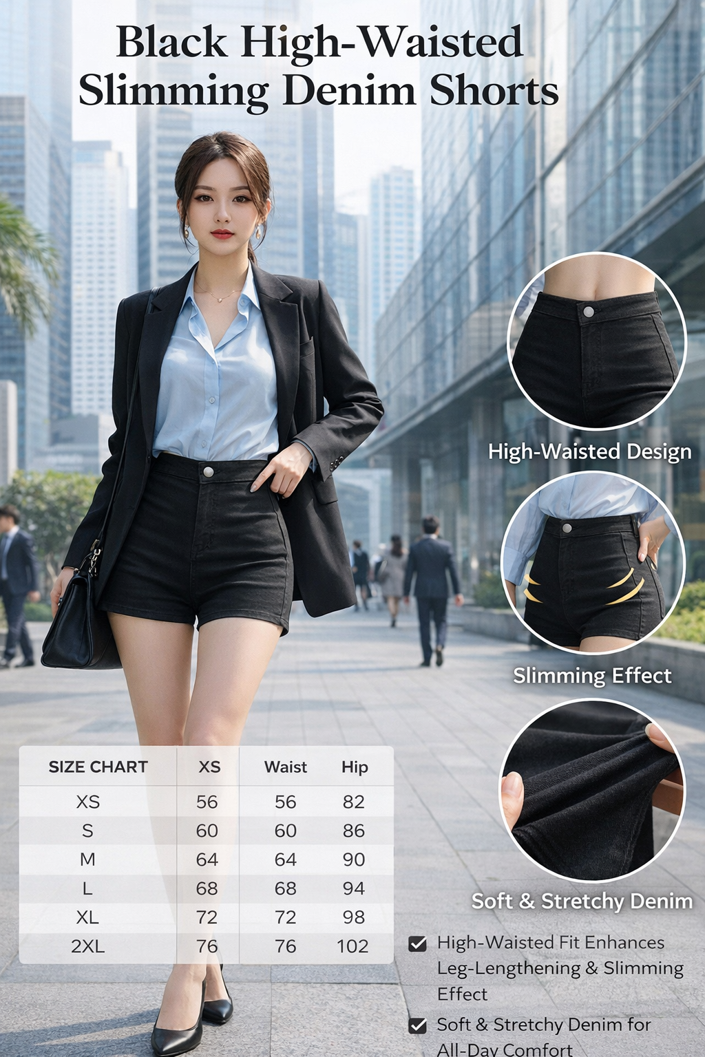 Women's High Waist Slim Black Denim Shorts