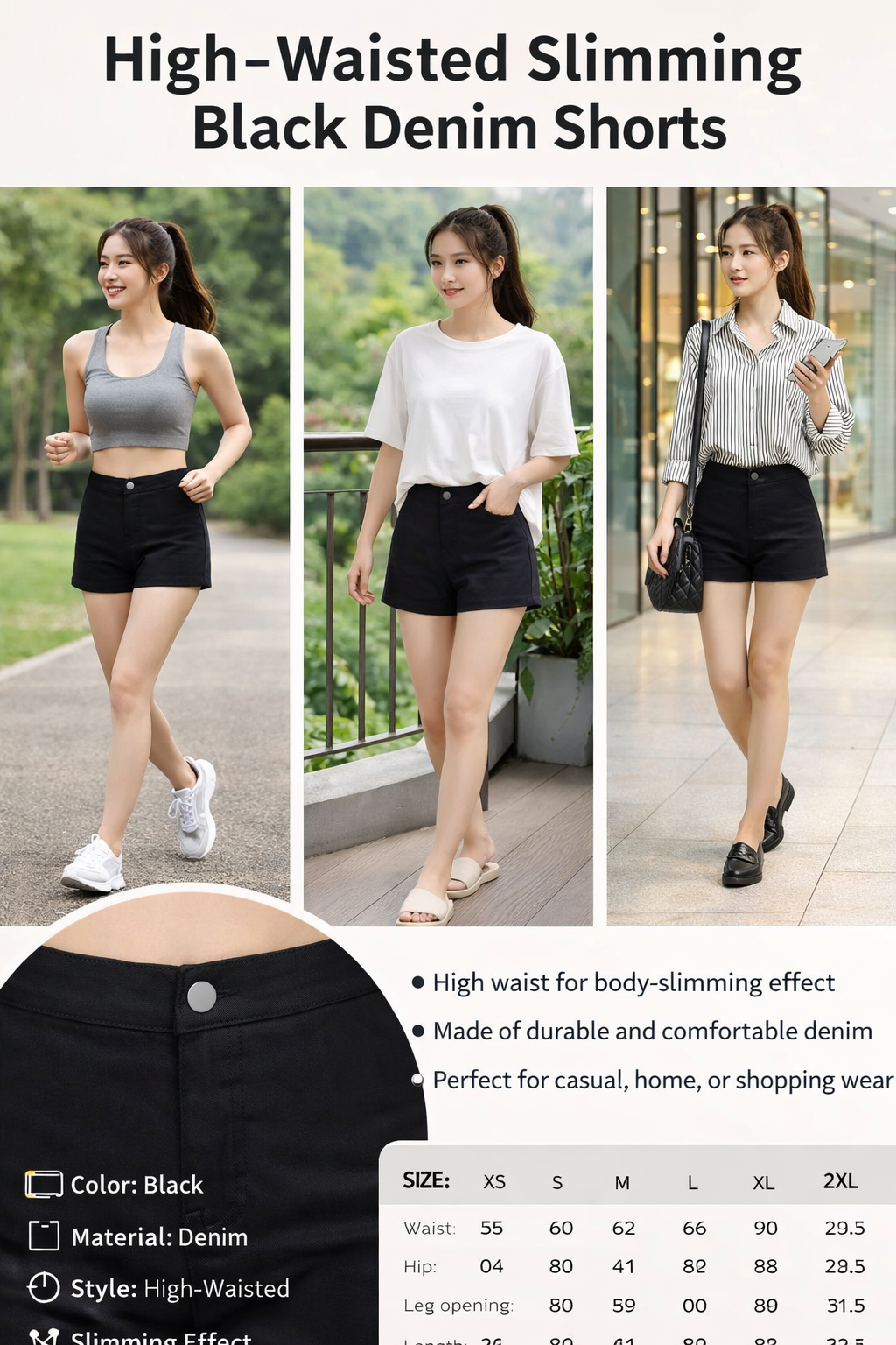 Women's High Waist Slim Black Denim Shorts