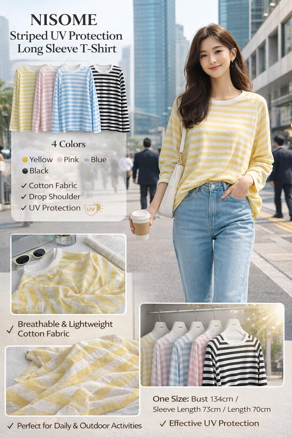 NISOME Striped UV Protection Long Sleeve T-Shirt