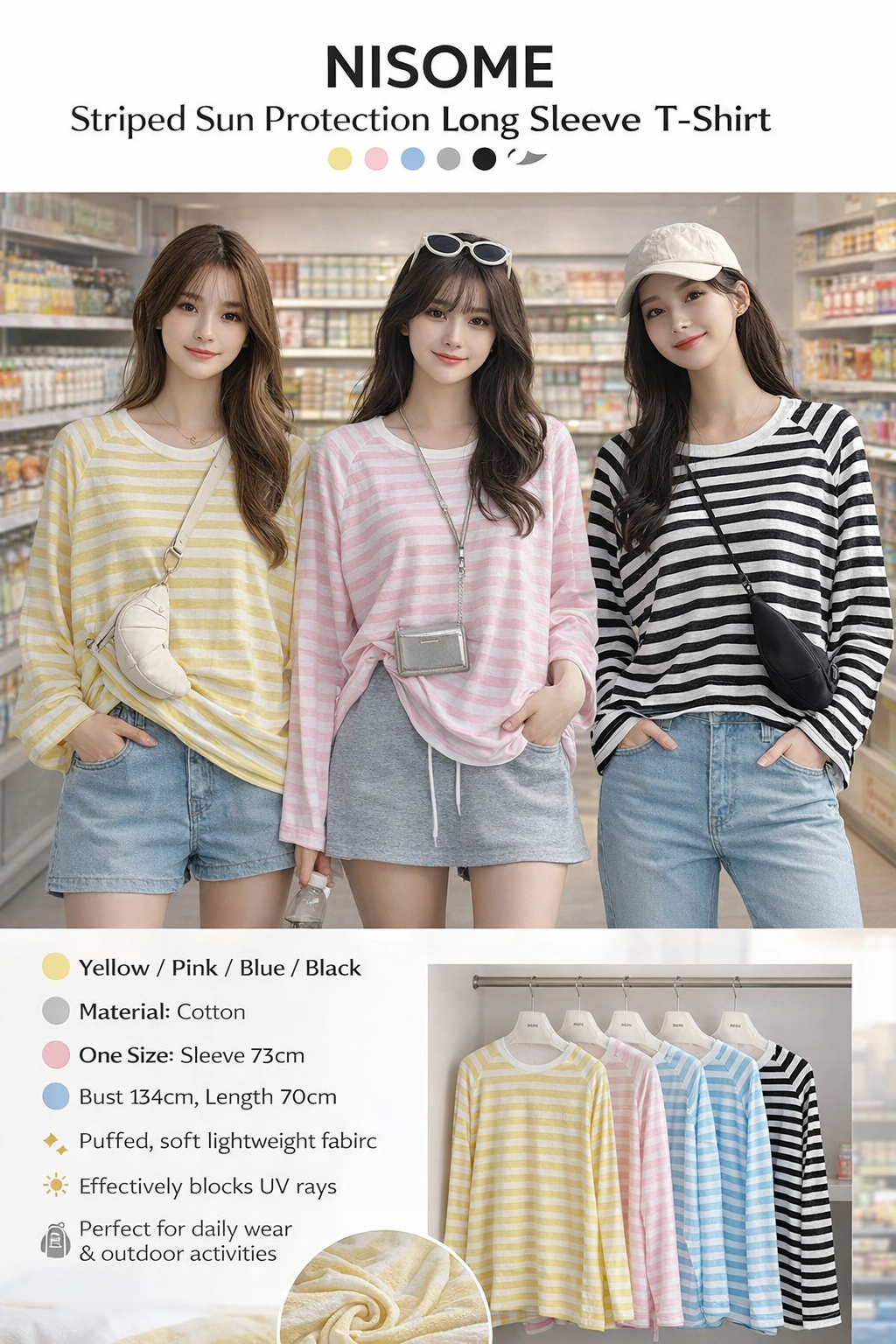 NISOME Striped UV Protection Long Sleeve T-Shirt