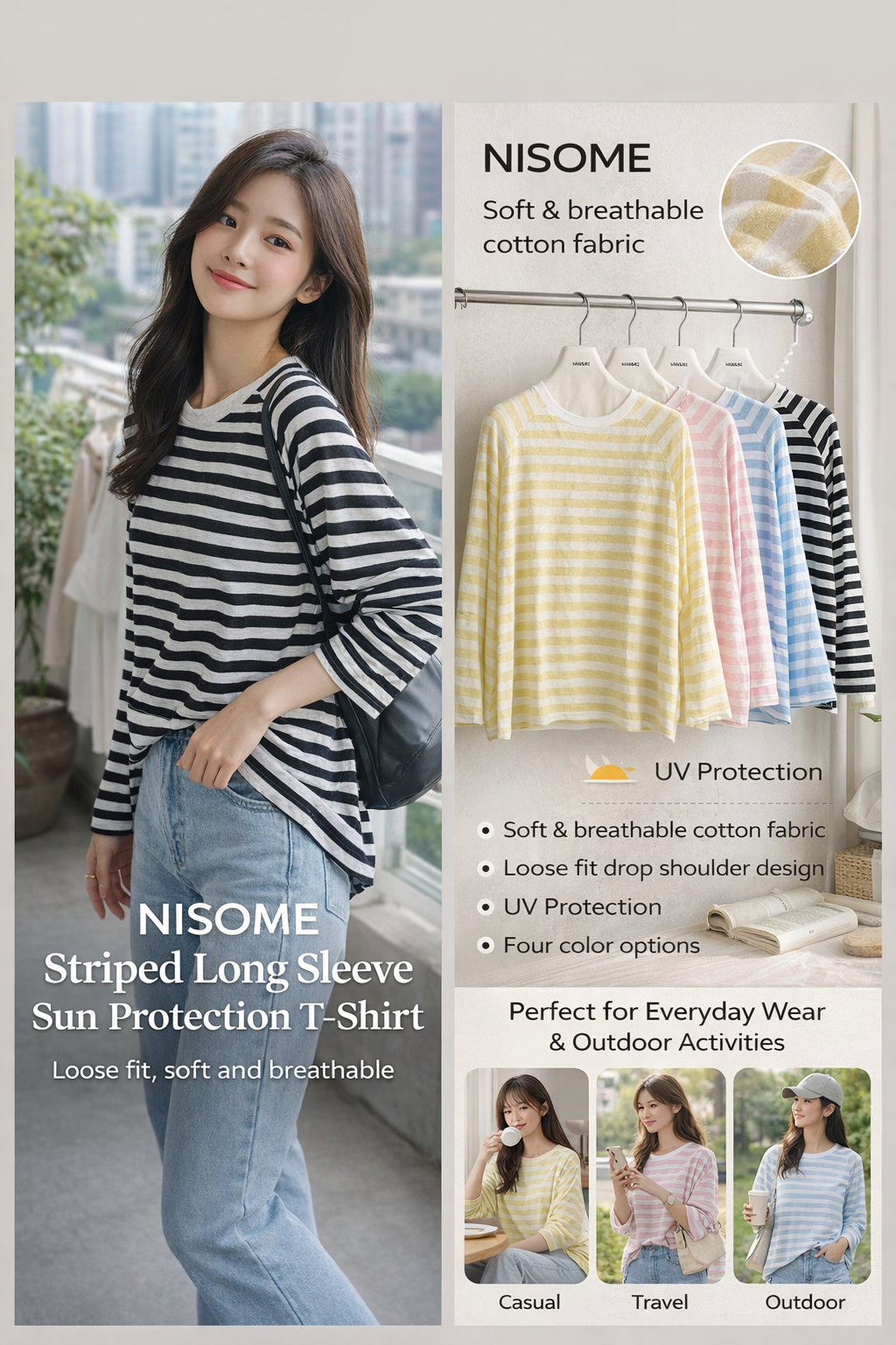 NISOME Striped UV Protection Long Sleeve T-Shirt