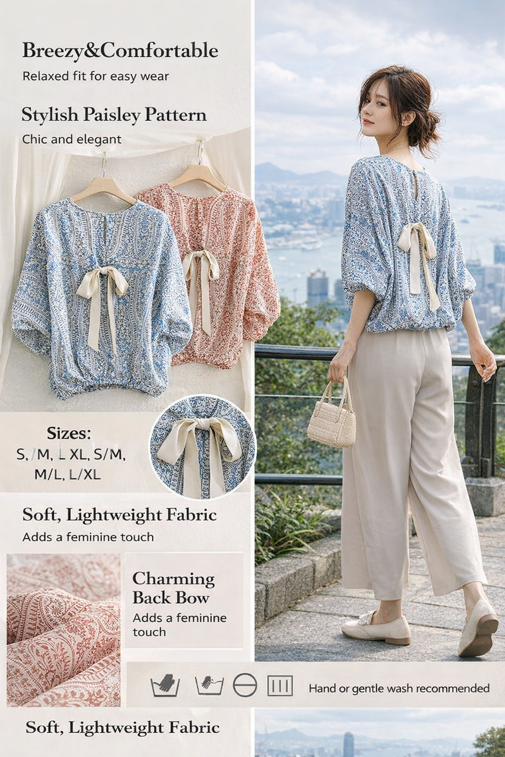 Paisley Loose Bow Back Blouse