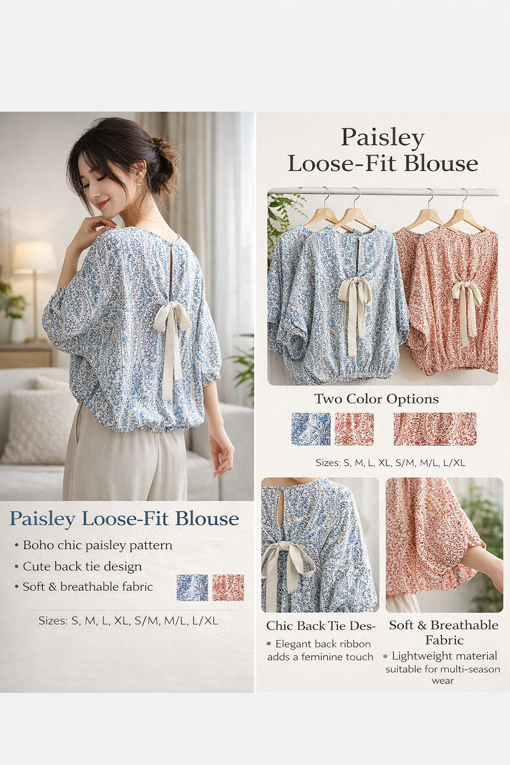 Paisley Loose Bow Back Blouse