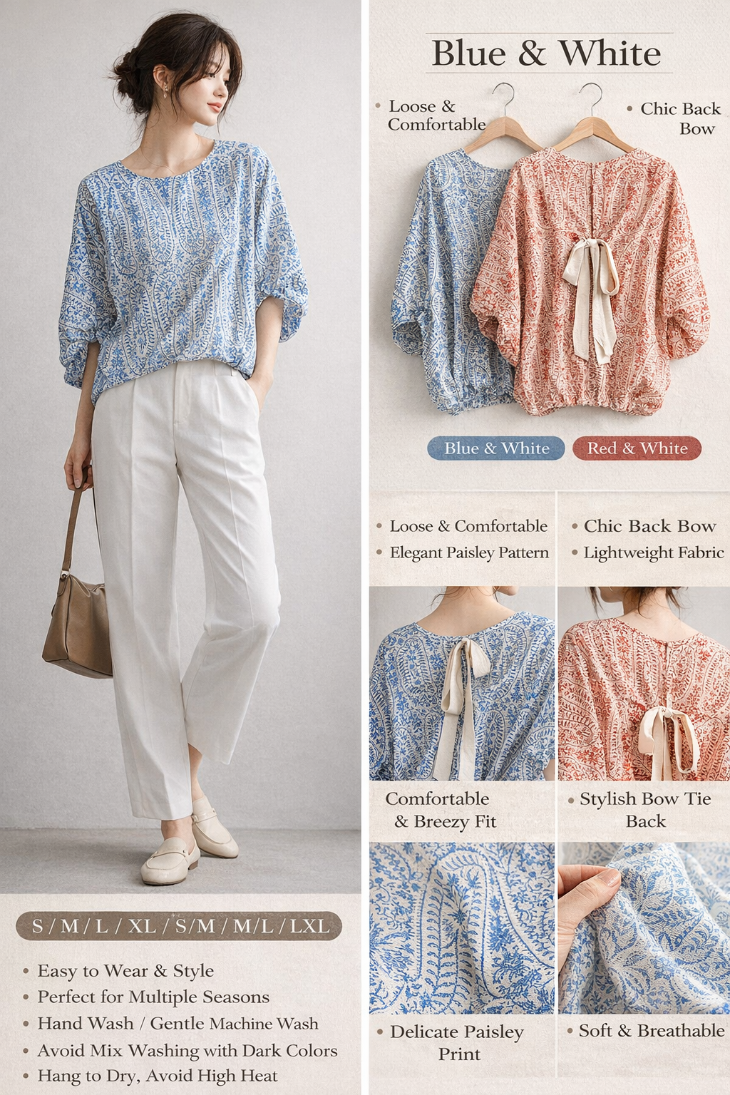Paisley Loose Bow Back Blouse