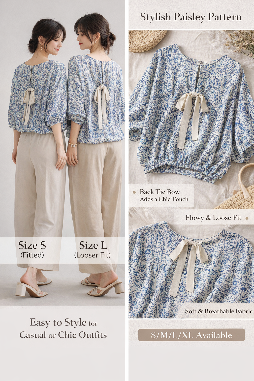 Paisley Loose Bow Back Blouse
