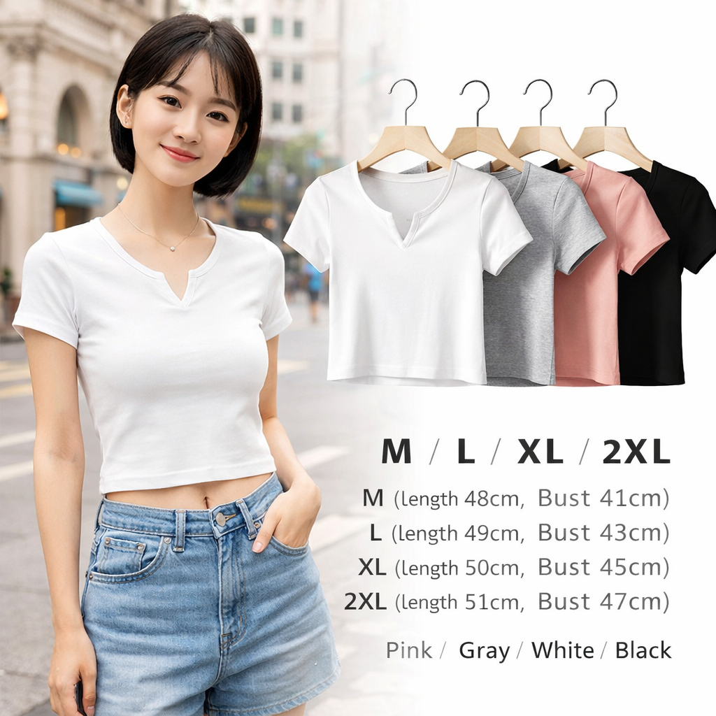 V-Neck Short Sleeve Slim Fit Crop T-Shirt