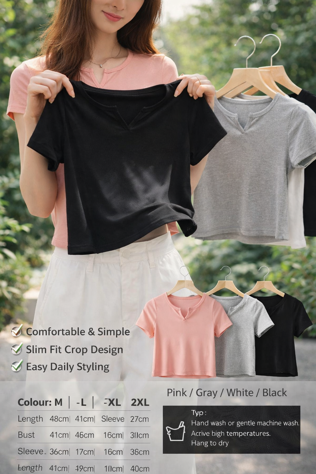V-Neck Short Sleeve Slim Fit Crop T-Shirt