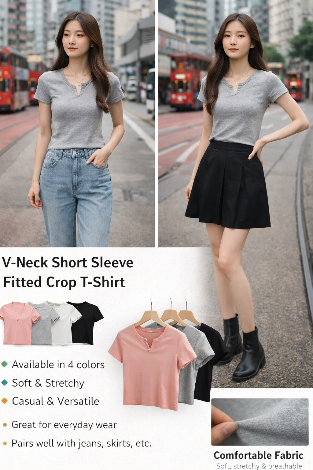 V-Neck Short Sleeve Slim Fit Crop T-Shirt