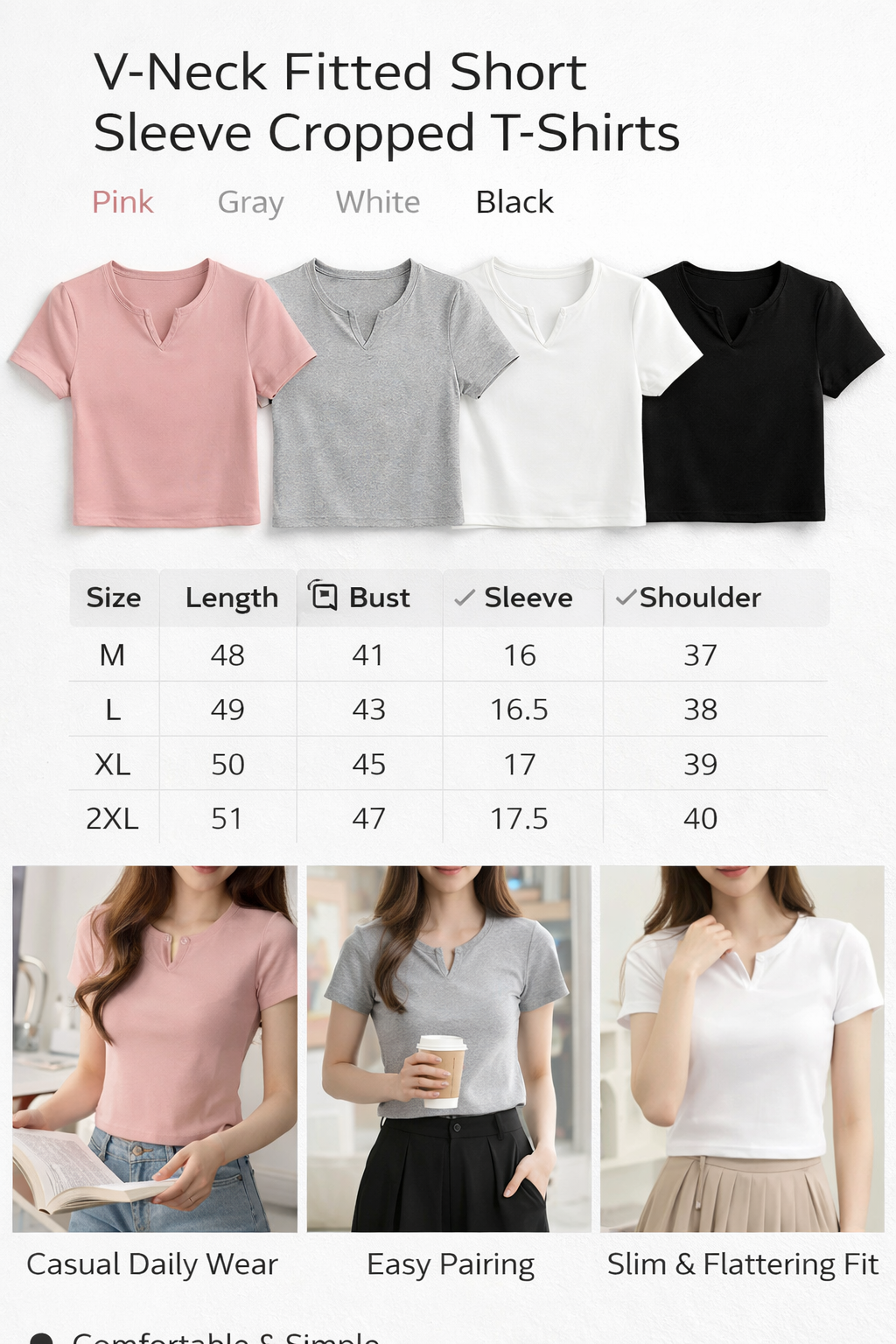 V-Neck Short Sleeve Slim Fit Crop T-Shirt