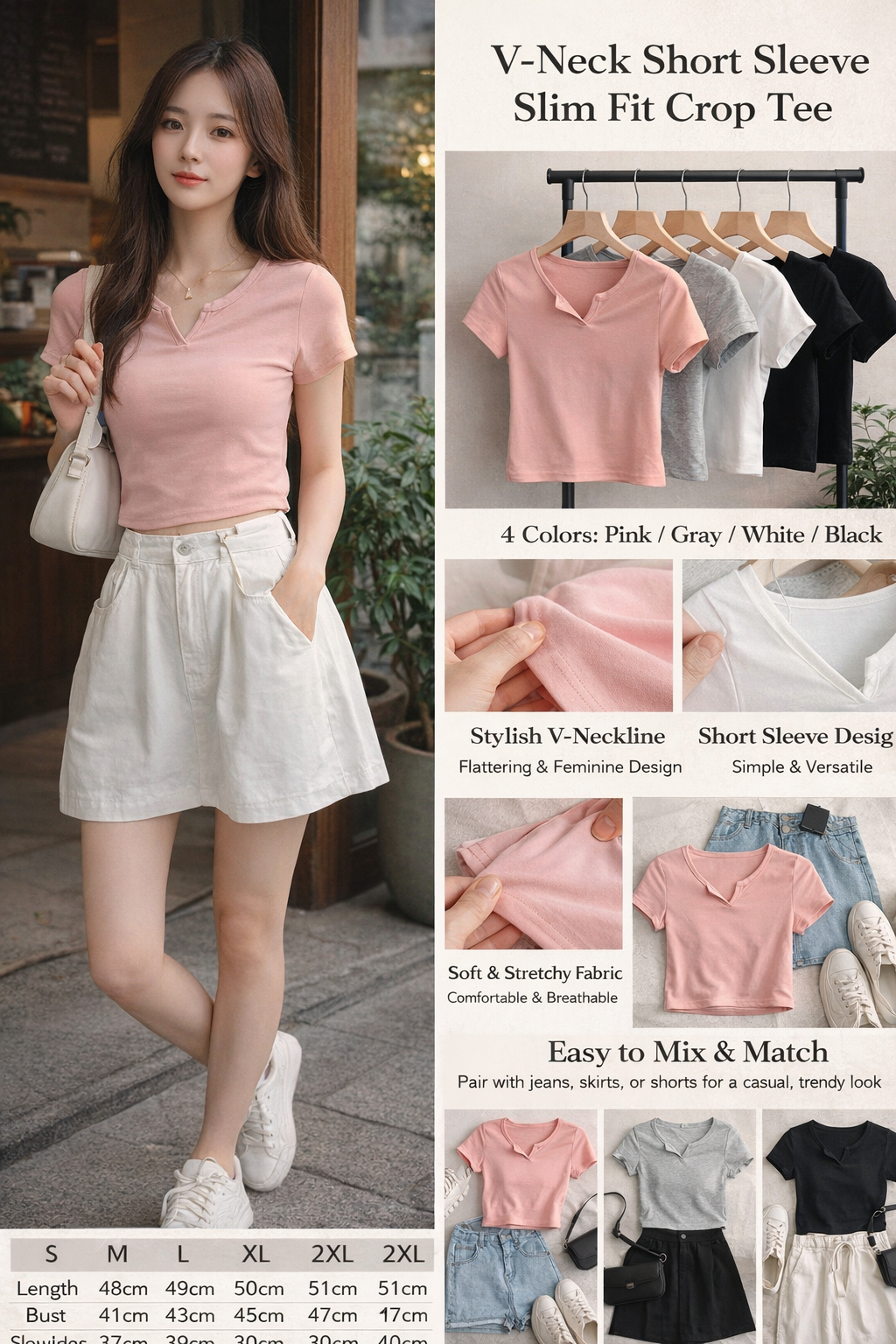 V-Neck Short Sleeve Slim Fit Crop T-Shirt