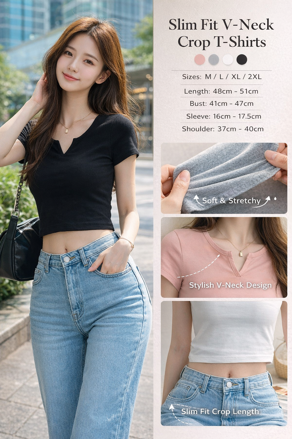 V-Neck Short Sleeve Slim Fit Crop T-Shirt