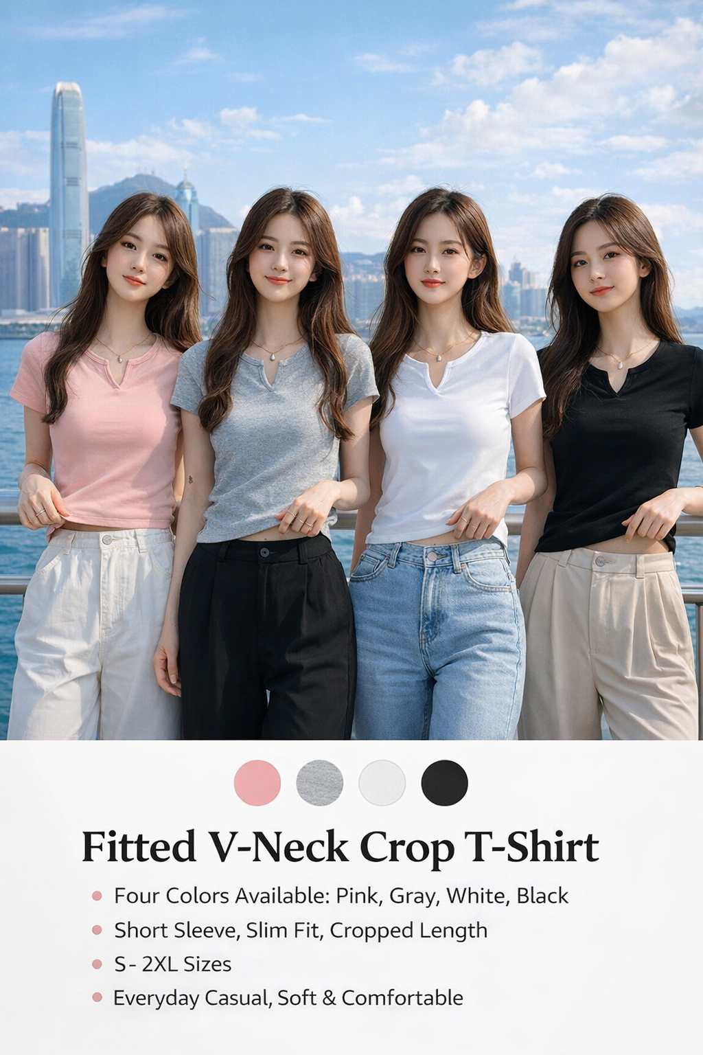 V-Neck Short Sleeve Slim Fit Crop T-Shirt