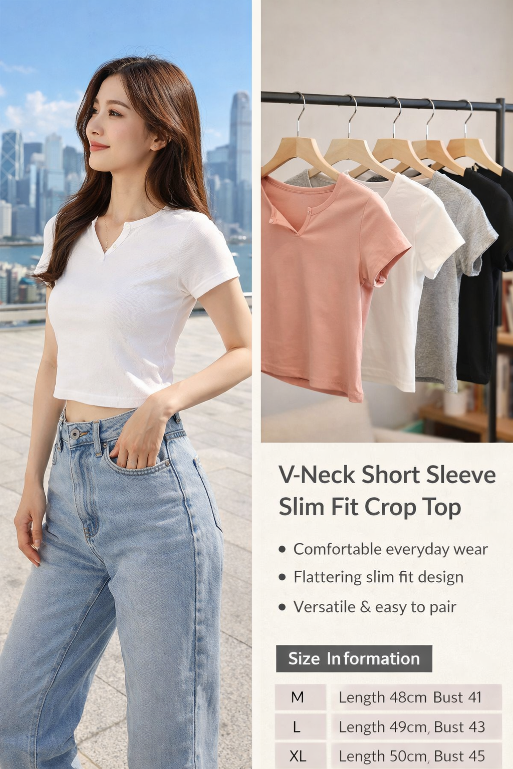 V-Neck Short Sleeve Slim Fit Crop T-Shirt