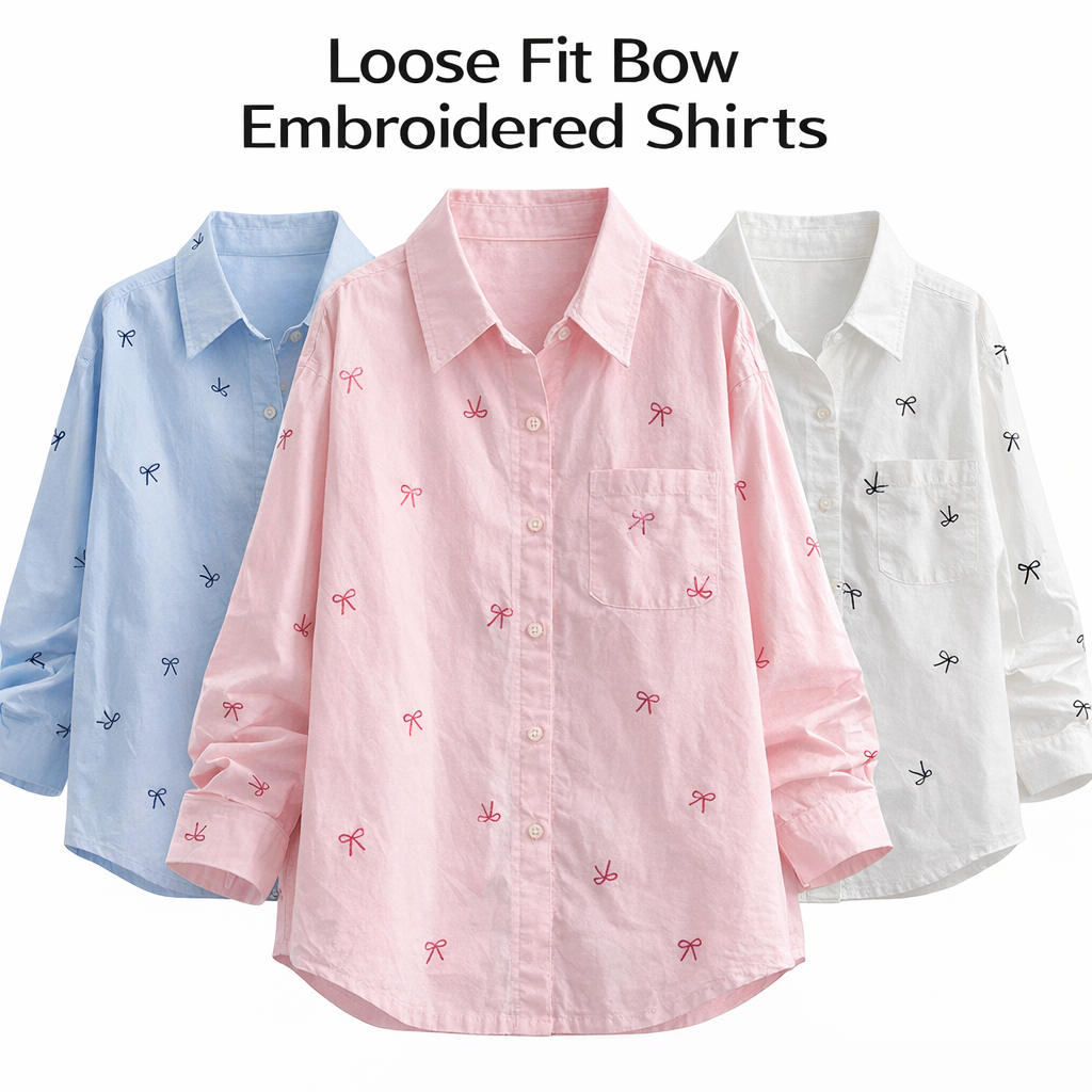 Embroidered Bow Loose Cotton Women's Shirt
