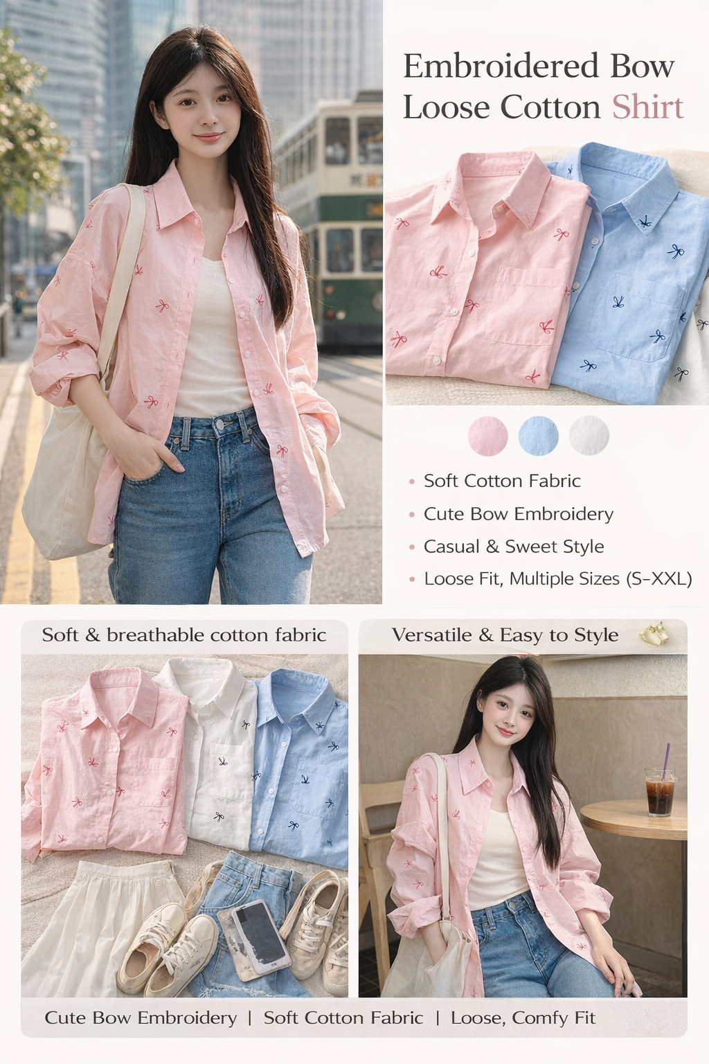 Embroidered Bow Loose Cotton Women's Shirt