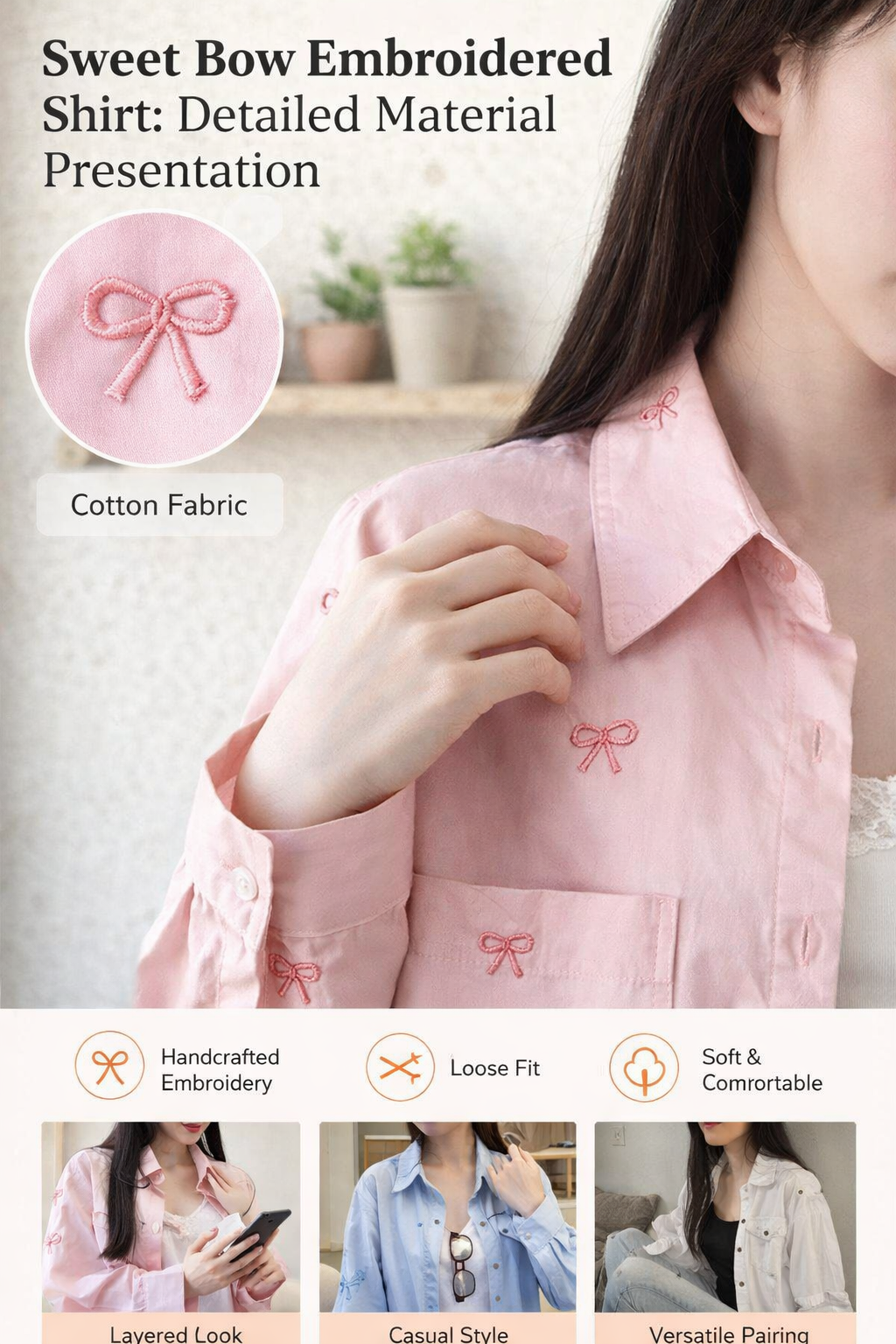 Embroidered Bow Loose Cotton Women's Shirt