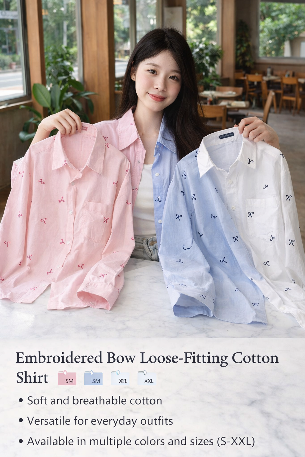 Embroidered Bow Loose Cotton Women's Shirt