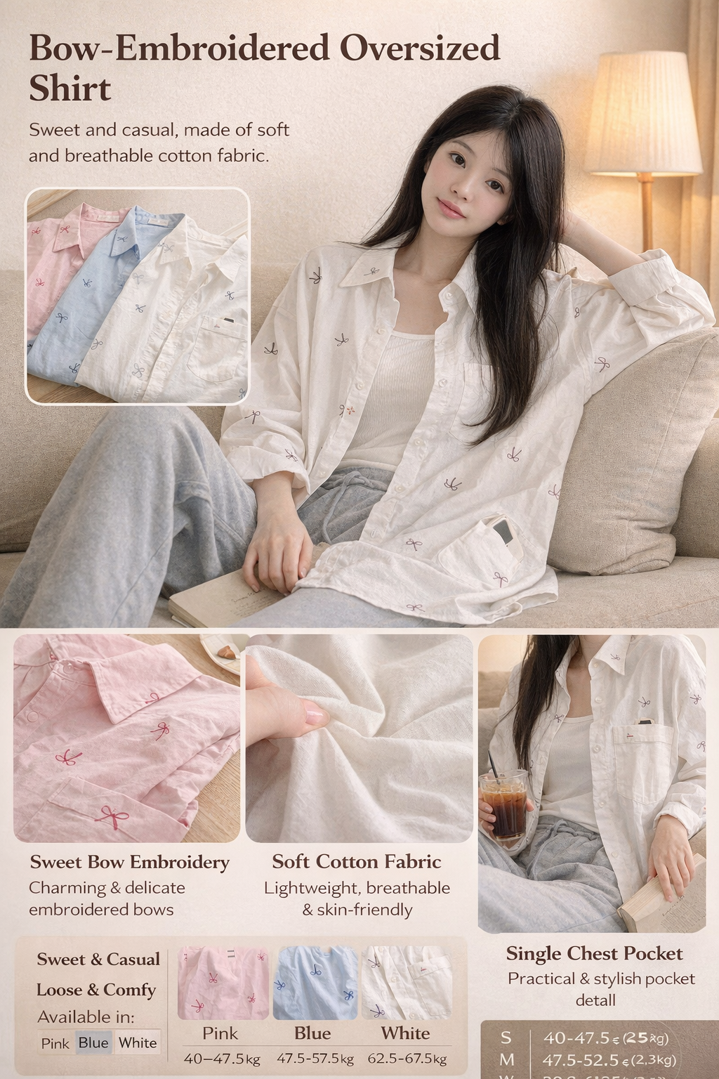 Embroidered Bow Loose Cotton Women's Shirt