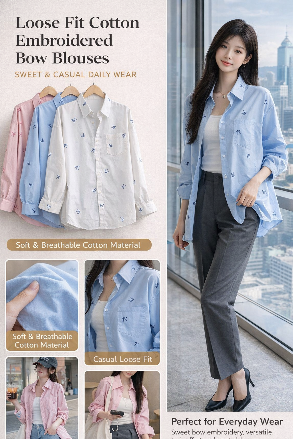 Embroidered Bow Loose Cotton Women's Shirt