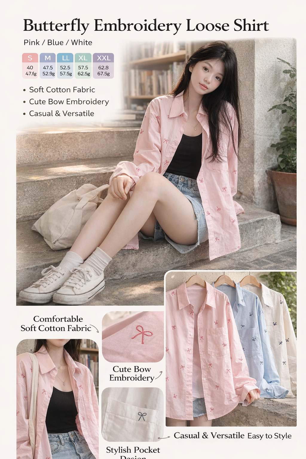 Embroidered Bow Loose Cotton Women's Shirt