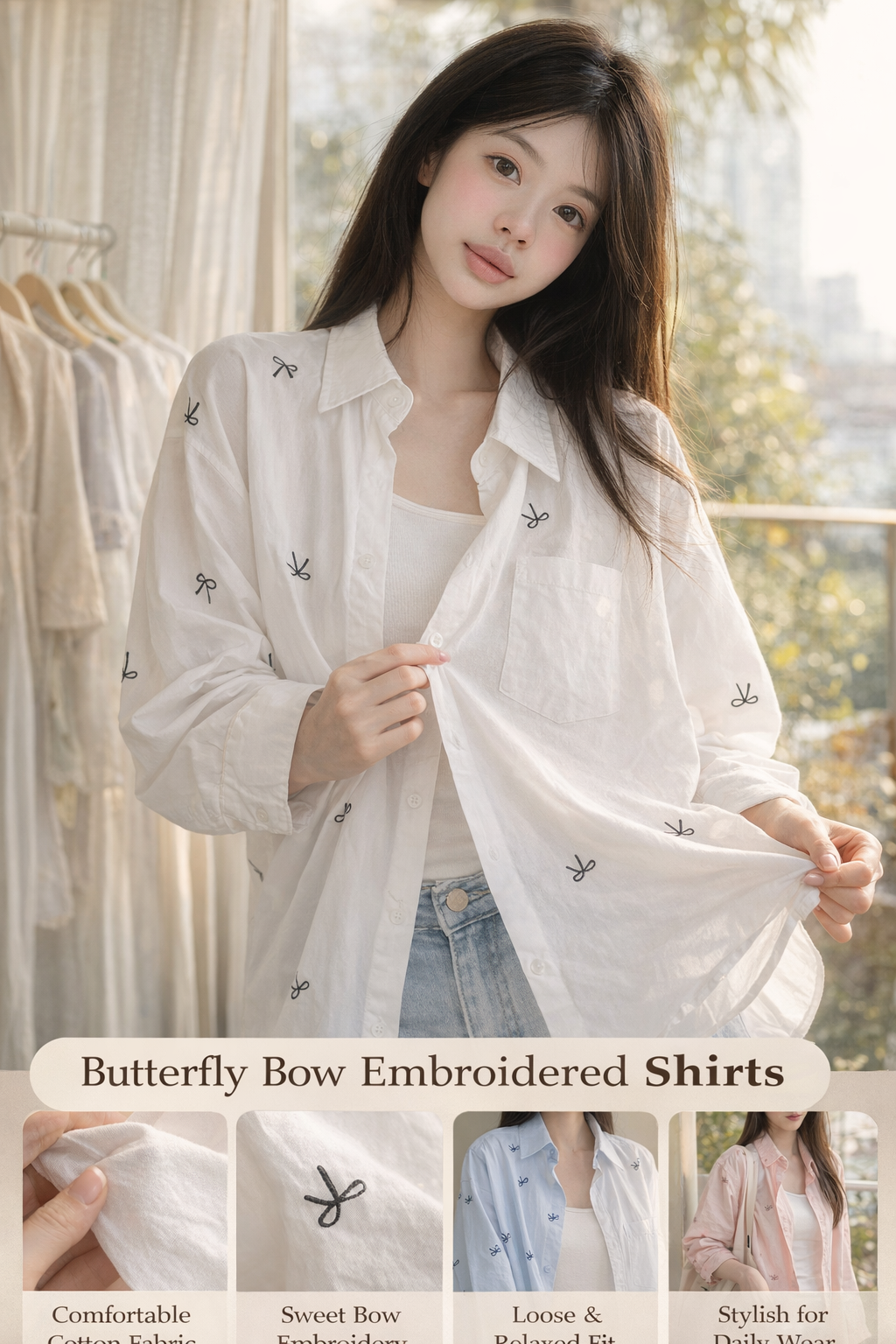 Embroidered Bow Loose Cotton Women's Shirt