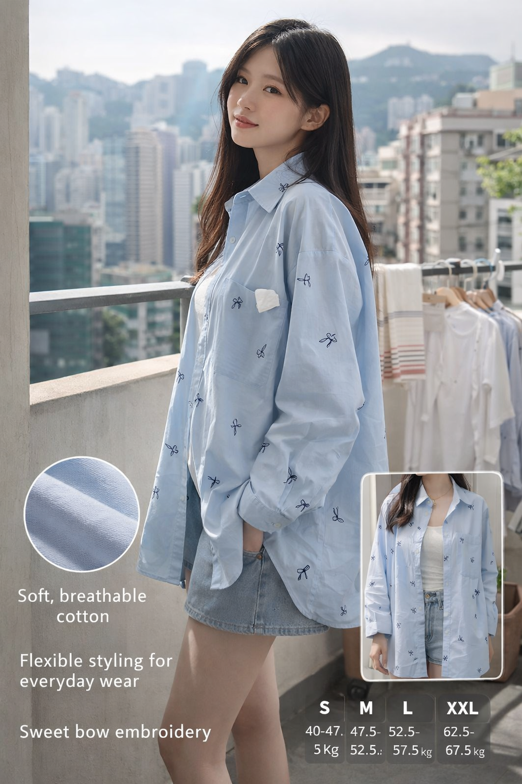 Embroidered Bow Loose Cotton Women's Shirt