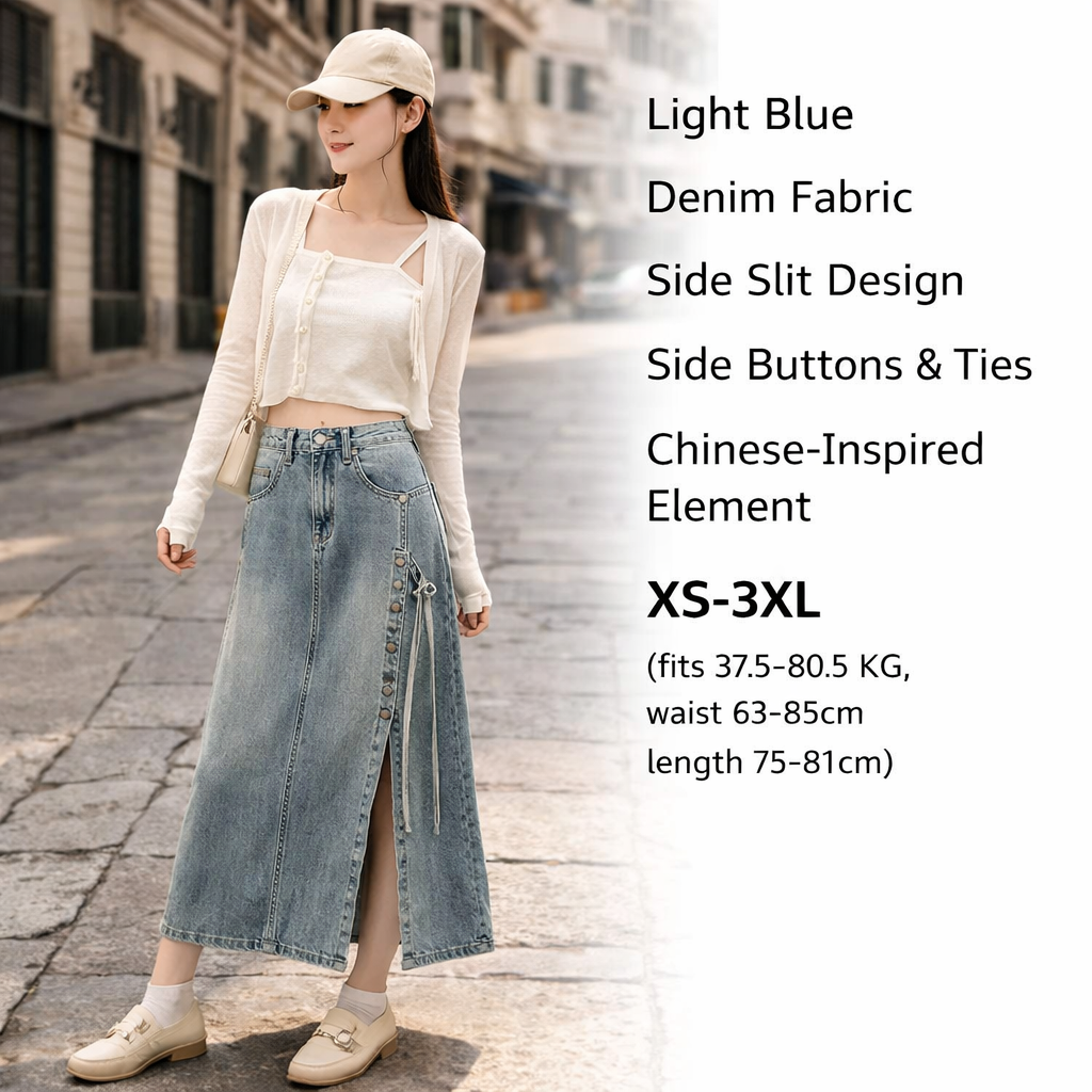 Light Blue Side Slit Denim Midi Skirt
