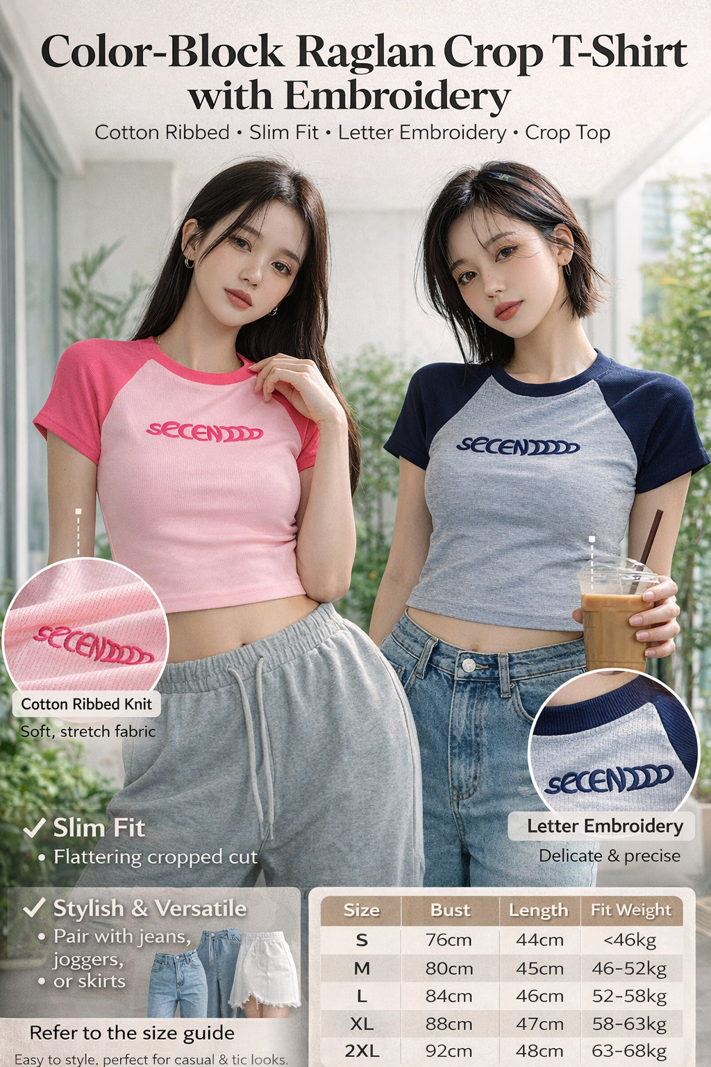 Color-Block Raglan Embroidered Crop T-Shirt