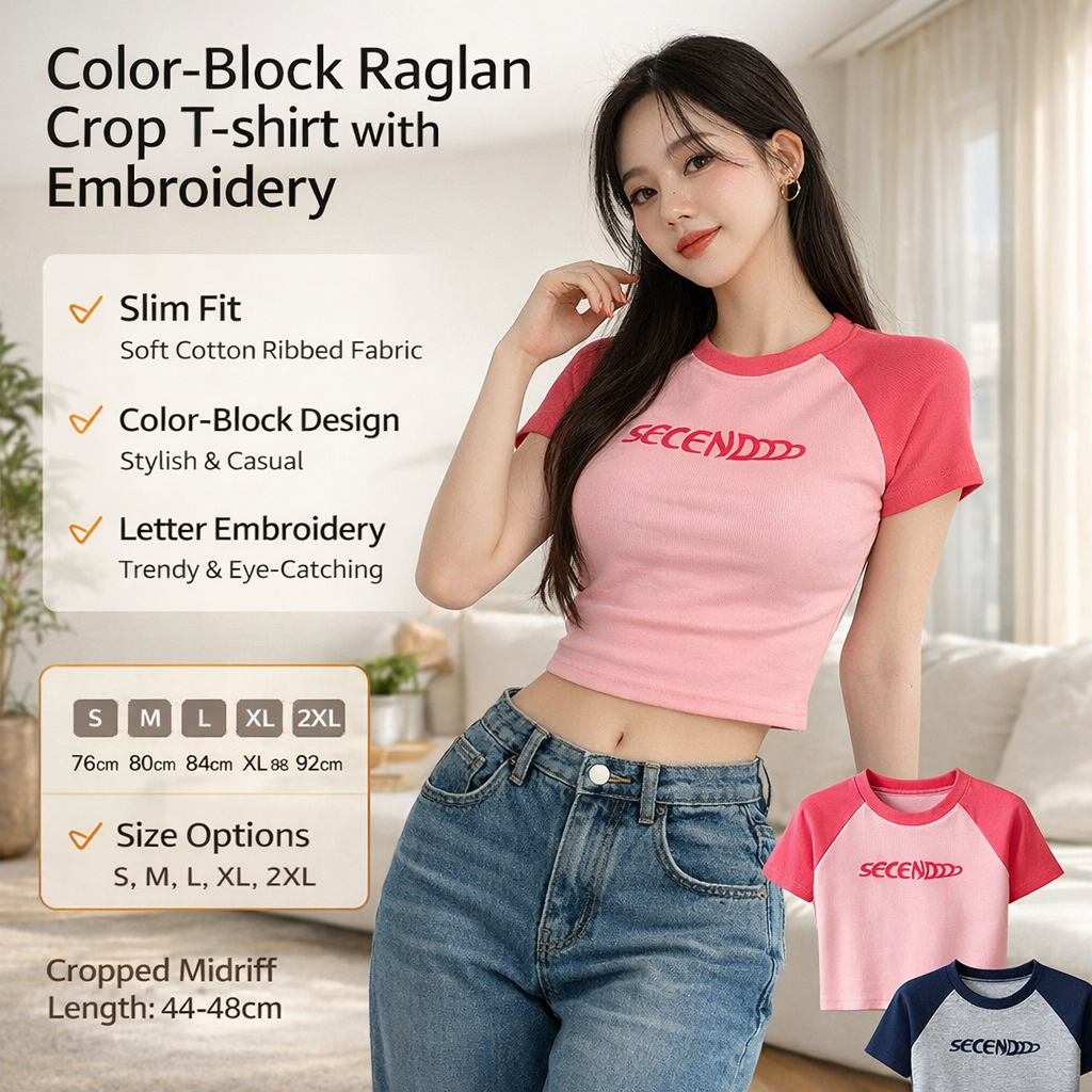 Color-Block Raglan Embroidered Crop T-Shirt