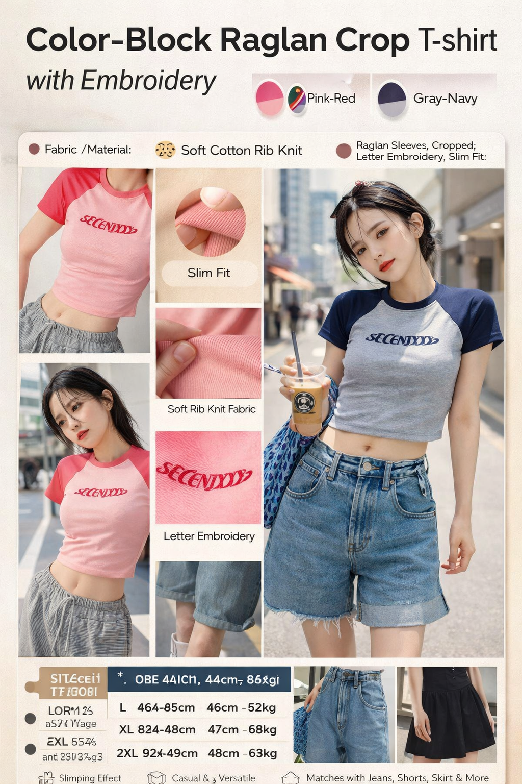 Color-Block Raglan Embroidered Crop T-Shirt